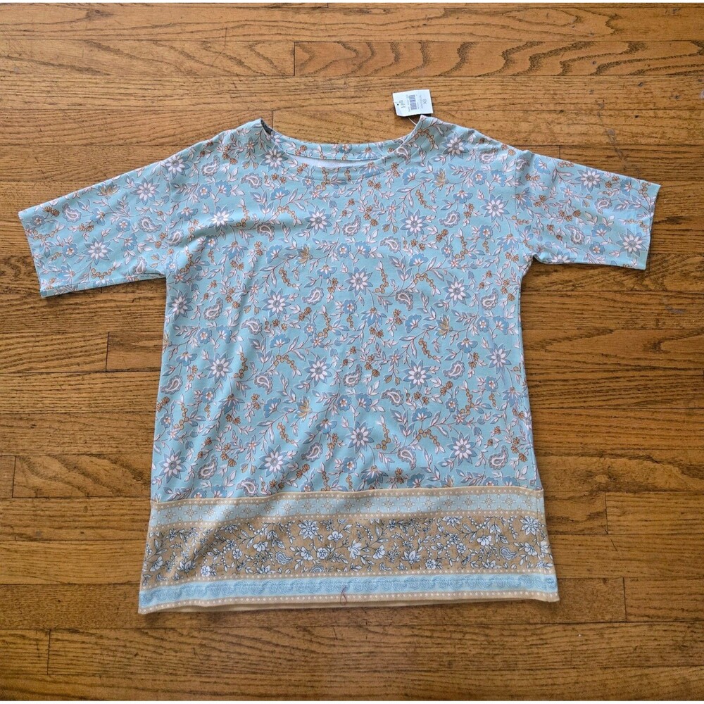 J. Jill Womens XS Oversized Luxe Supima Elbow Sleeve Tee Green Floral